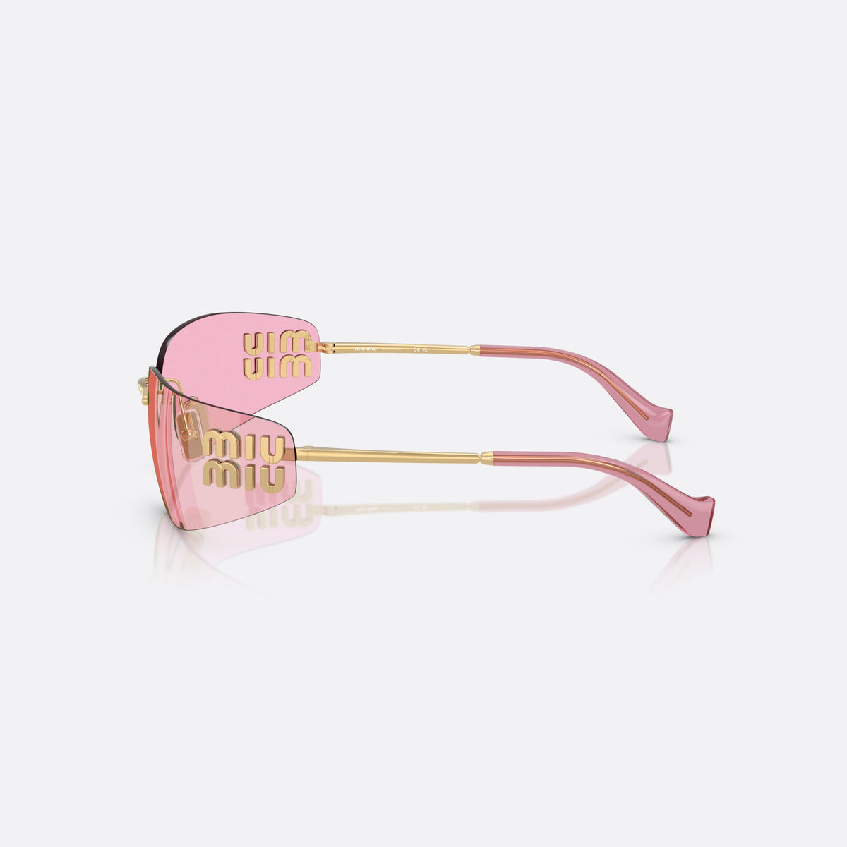 Miu Miu MU A51S 5AK90Y sunglasses, gold rectangle frame for women, thin metal bridge, brand lettering on temples, side view