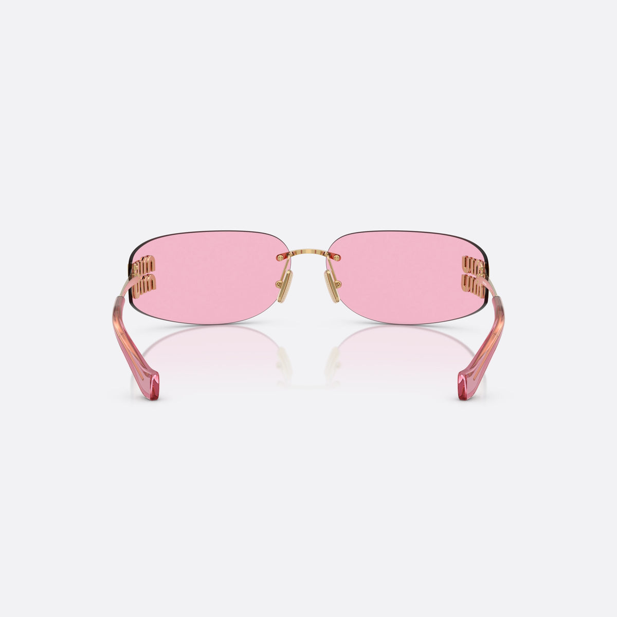 Miu Miu MU A51S 5AK90Y sunglasses, gold rectangle frame for women, thin metal bridge, brand lettering on temples, back view