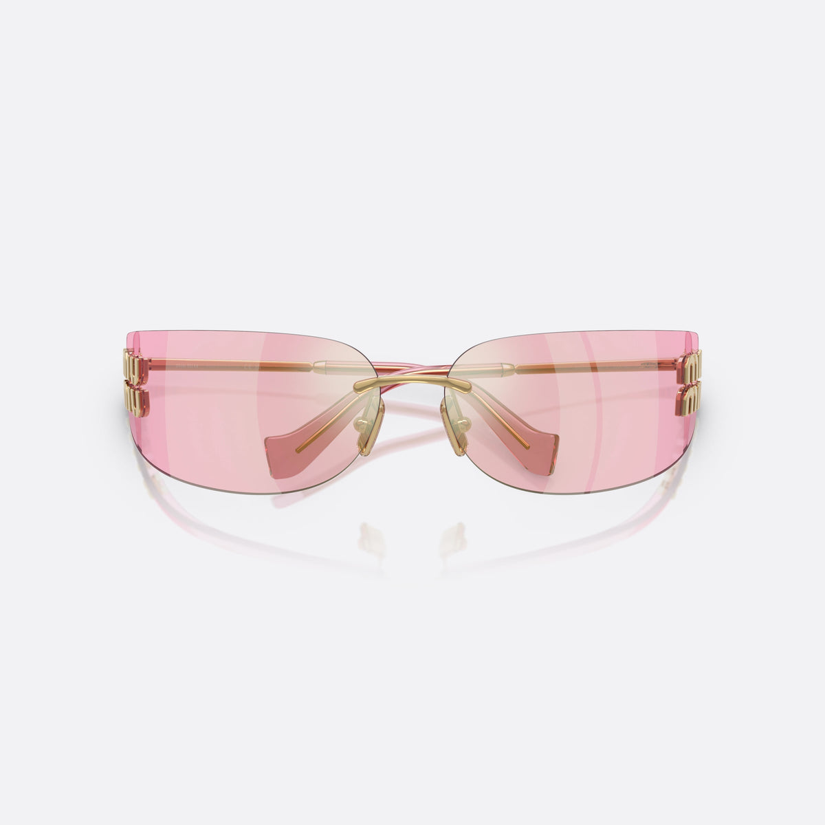 Miu Miu MU A51S 5AK90Y sunglasses, gold rectangle frame for women, thin metal bridge, brand lettering on temples, folded