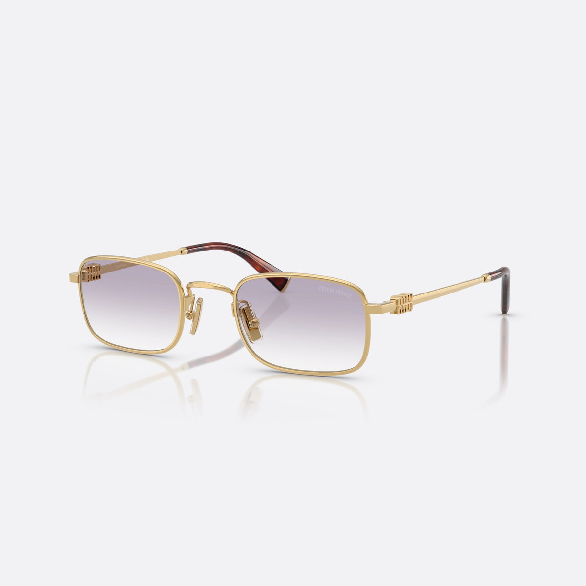 Miu Miu MU A53S 5AK04O sunglasses, gold rectangle frame for women, plain metal bridge, brand lettering on the temples