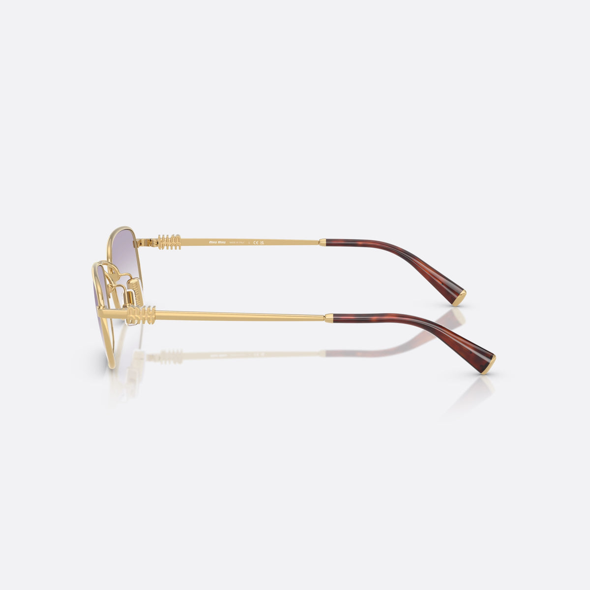 Miu Miu MU A53S 5AK04O sunglasses, gold rectangle frame for women, plain metal bridge, brand lettering on the temples, side view