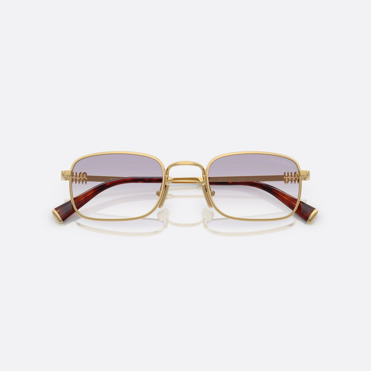Miu Miu MU A53S 5AK04O sunglasses, gold rectangle frame for women, plain metal bridge, brand lettering on the temples, folded