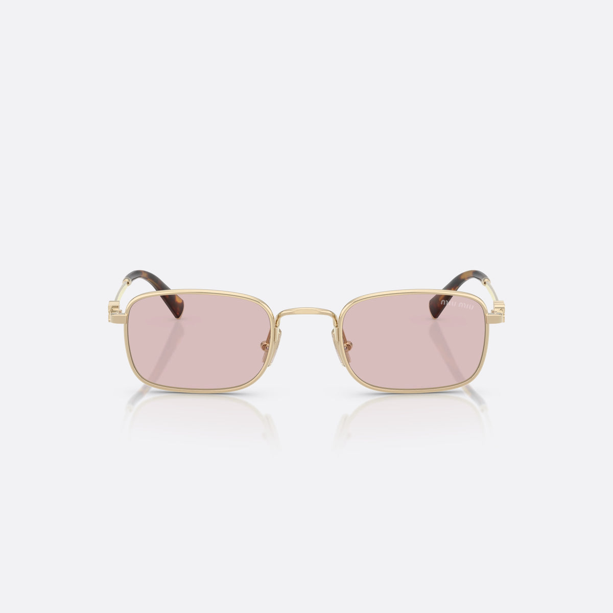 Ochelari de soare Miu Miu MU A53S ZVN4I0, rectangulari auriu, pentru femei, punte metalică simplă, literele brandului pe brațe, vedere din față