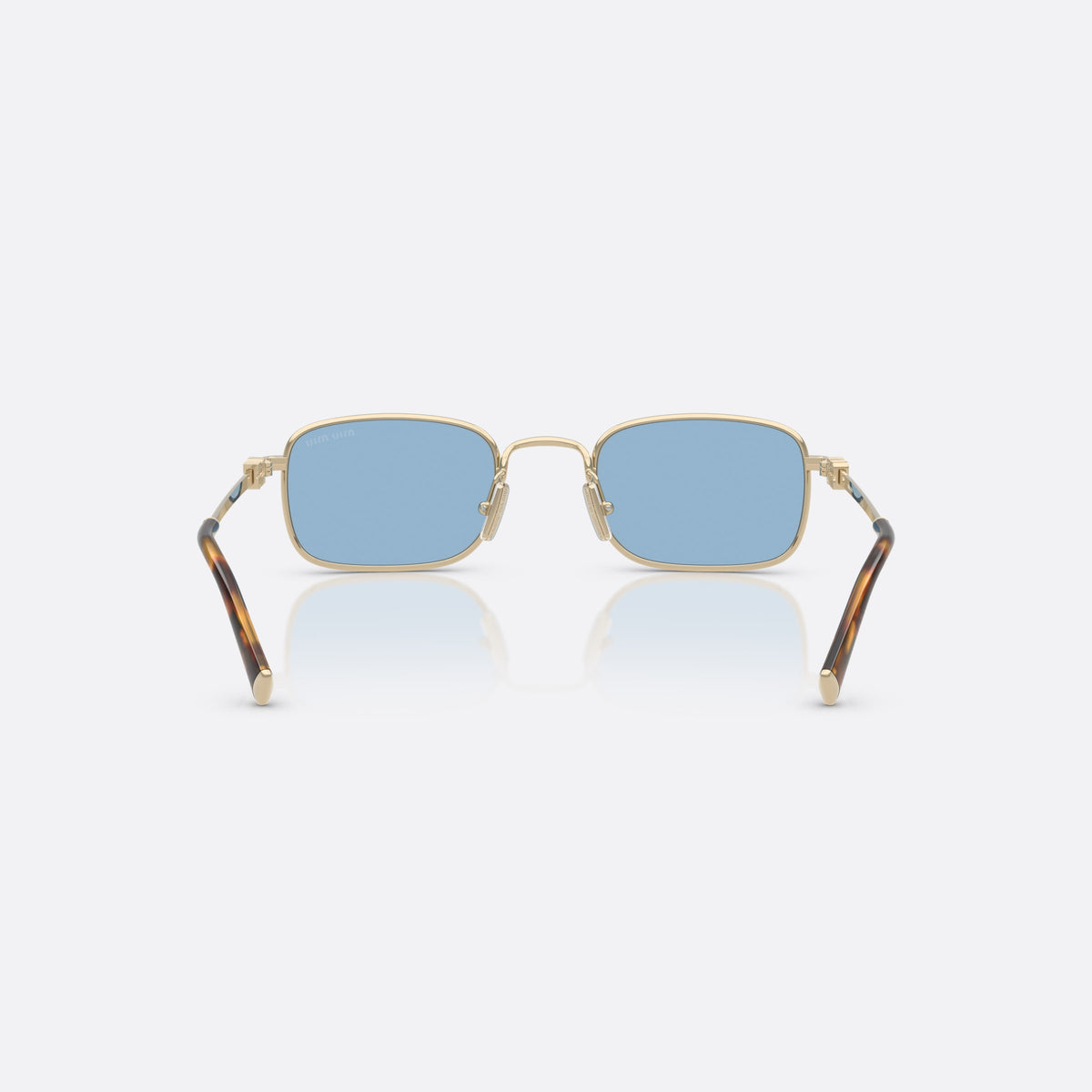 Miu Miu MU A53S ZVN60O sunglasses, gold rectangle frame for women, plain metal bridge, brand logo on temples, back view