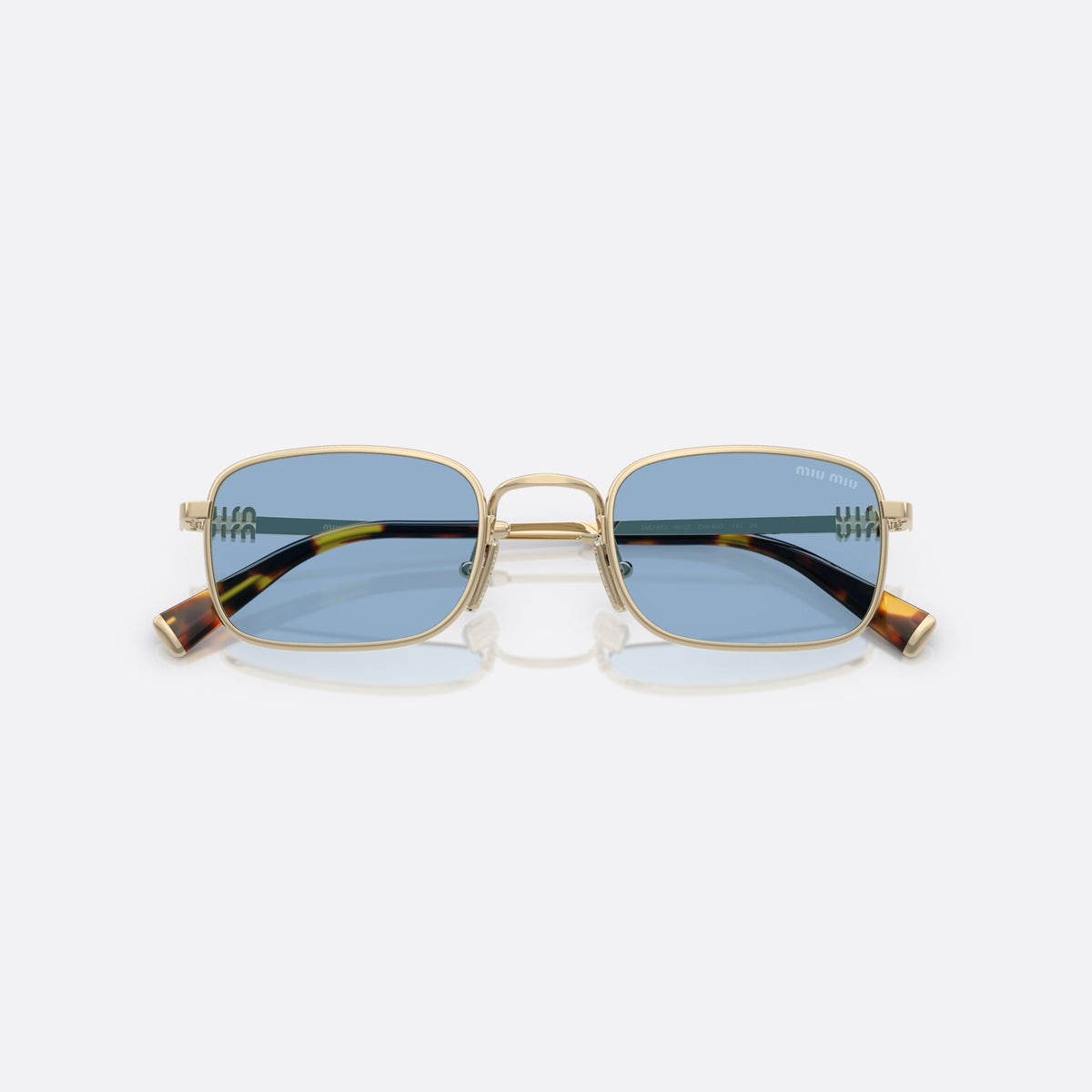 Miu Miu MU A53S ZVN60O sunglasses, gold rectangle frame for women, plain metal bridge, brand logo on temples, folded