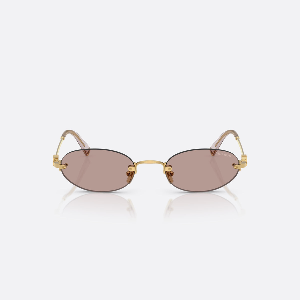 Miu Miu MU A54S 5AK20I sunglasses, gold oval frame for women, thin metal bridge, brand lettering on temples, front view