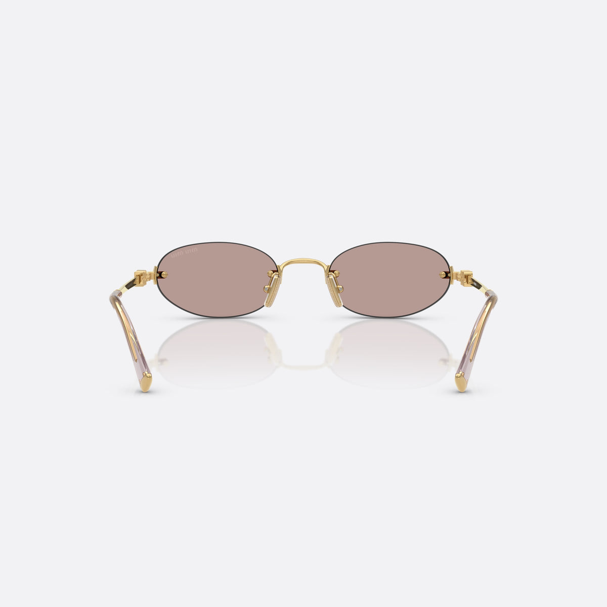 Miu Miu MU A54S 5AK20I sunglasses, gold oval frame for women, thin metal bridge, brand lettering on temples, back view