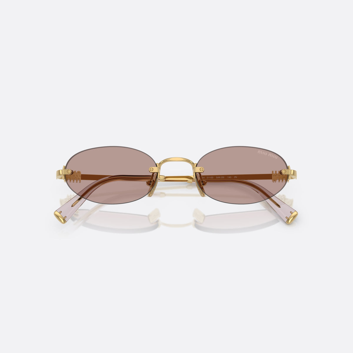 Miu Miu MU A54S 5AK20I sunglasses, gold oval frame for women, thin metal bridge, brand lettering on temples, folded