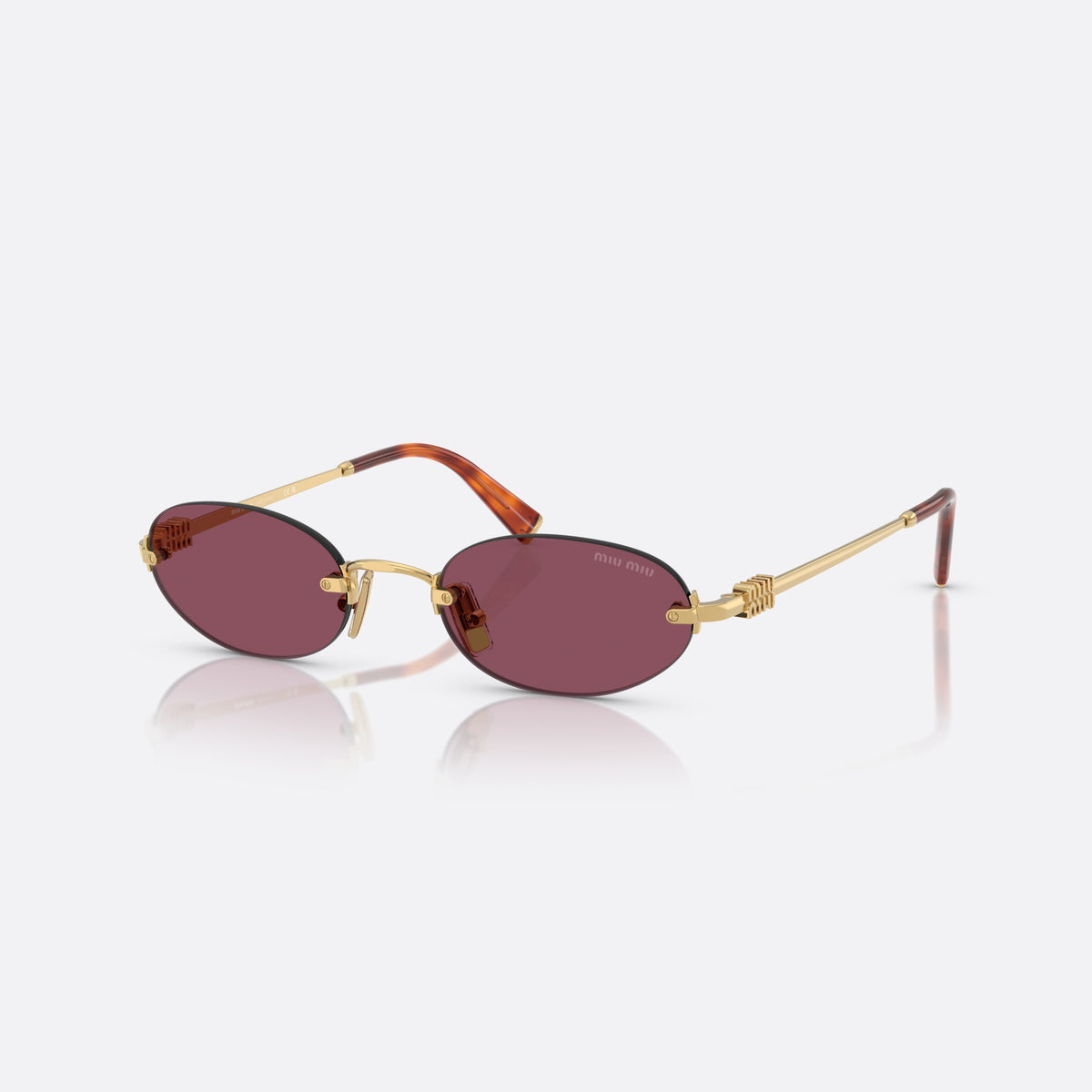 Miu Miu MU A54S 5AK20Y sunglasses, gold oval frame for women, thin metal bridge, brand logo plaque on temples