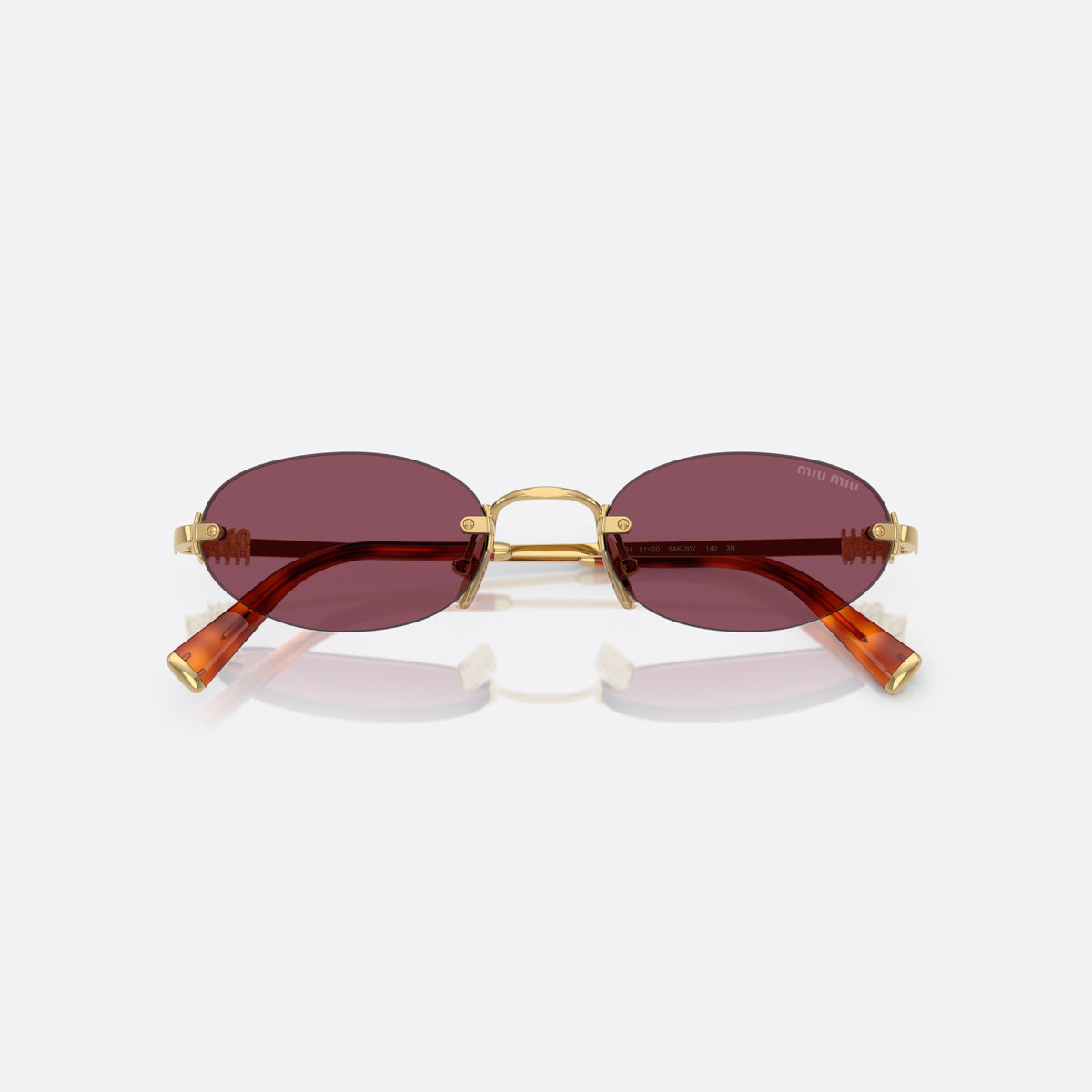 Miu Miu MU A54S 5AK20Y sunglasses, gold oval frame for women, thin metal bridge, brand logo plaque on temples, folded