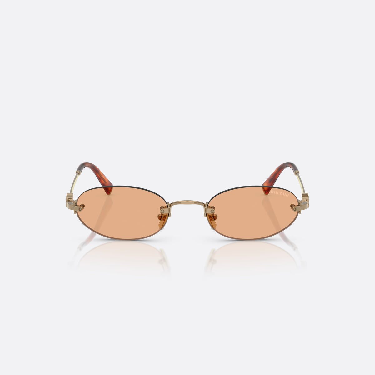 Miu Miu MU A54S 7OE90X sunglasses, brown oval frame for women, thin metal bridge, brand lettering on lens, front view