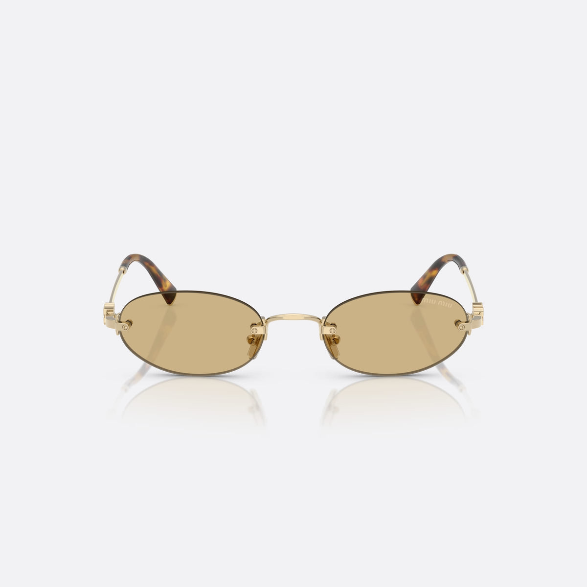 Ochelari de soare Miu Miu MU A54S ZVN10R, ovali auriu, pentru femei, punte subțire din metal, placă cu logo-ul brandului pe brațe, vedere din față
