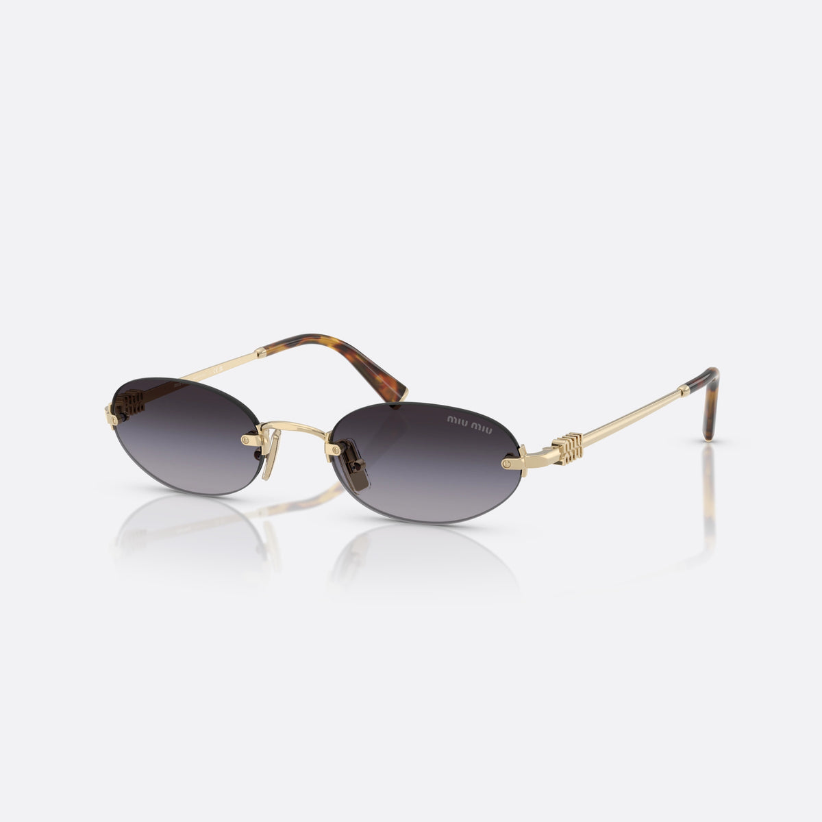 Miu Miu MU A54S ZVN5D1 sunglasses, gold oval frame for women, thin metal bridge, brand lettering on temples