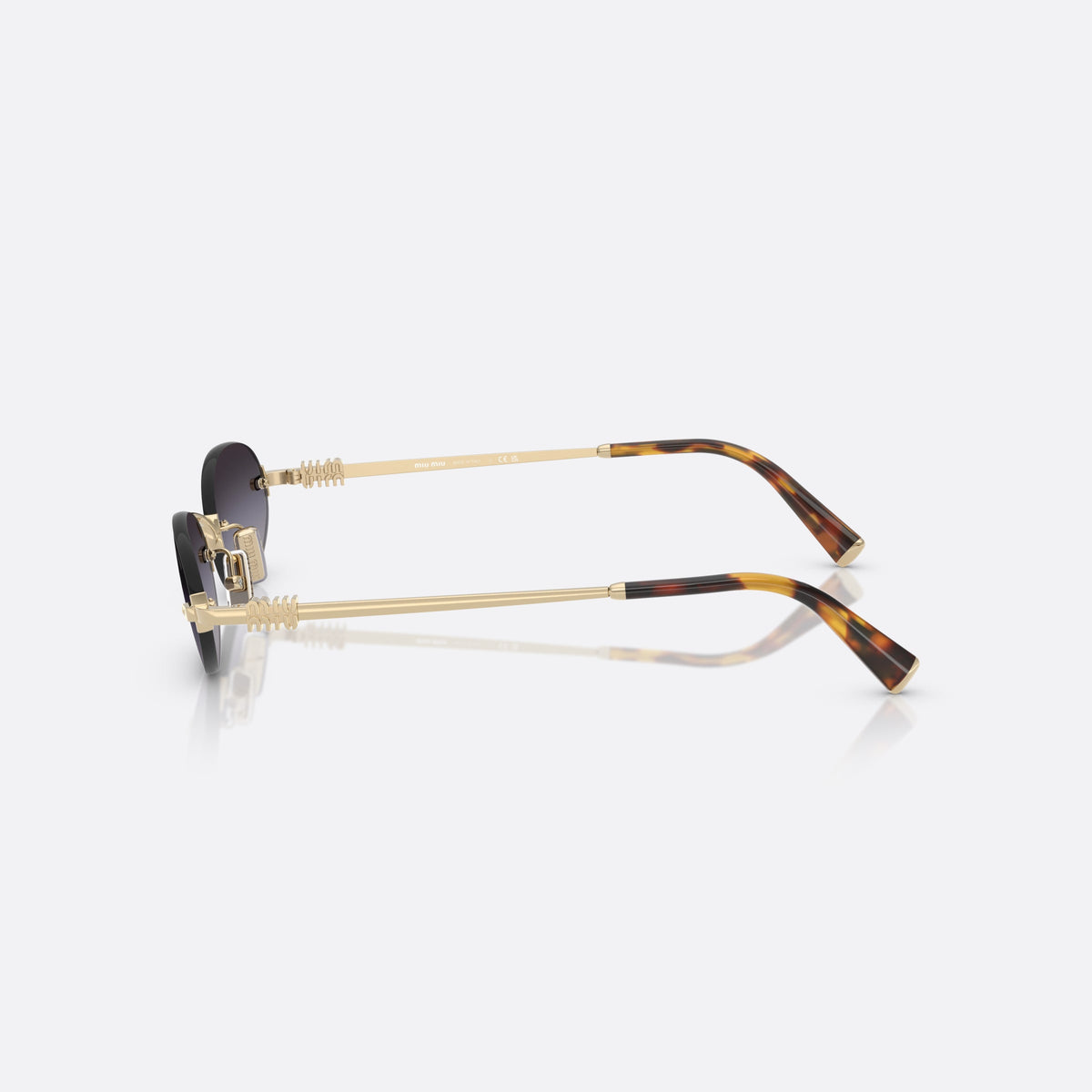 Miu Miu MU A54S ZVN5D1 sunglasses, gold oval frame for women, thin metal bridge, brand lettering on temples, side view