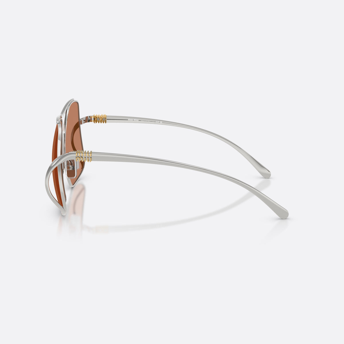 Ochelari de soare Miu Miu MU A55S 1BC90Q, patrati argintiu, pentru femei, punte dublă din sârmă metalică, brațe subțiri, conice, vedere laterală
