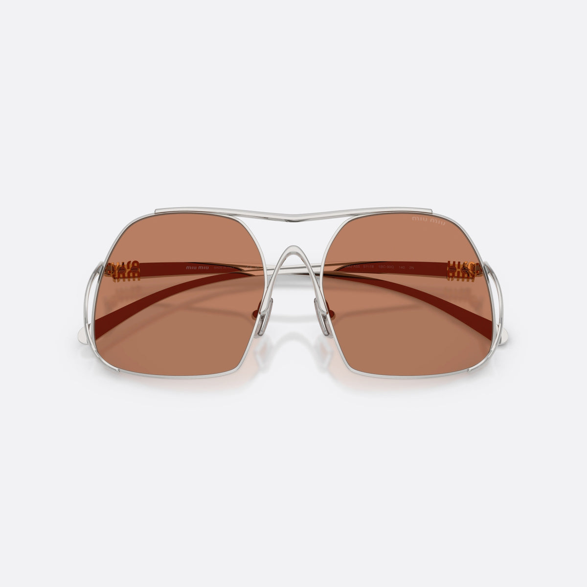 Ochelari de soare Miu Miu MU A55S 1BC90Q, patrati argintiu, pentru femei, punte dublă din sârmă metalică, brațe subțiri, conice, cu brațele pliate