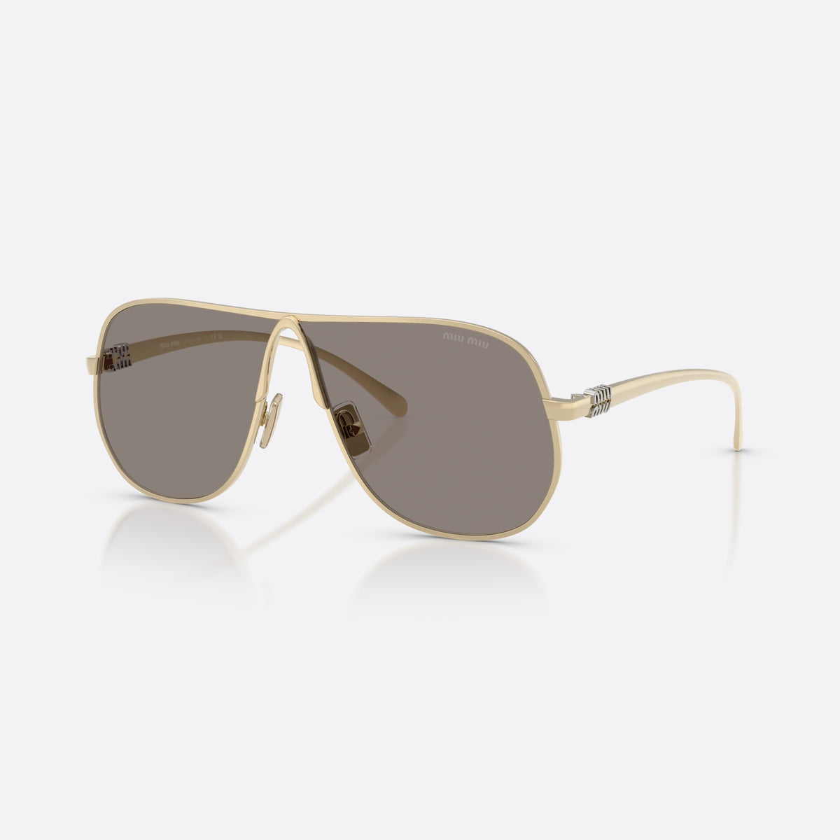 Miu Miu MU A56S ZVN80Q sunglasses, gold pilot frame for women, single metal bridge with arch, brand logo on the lens