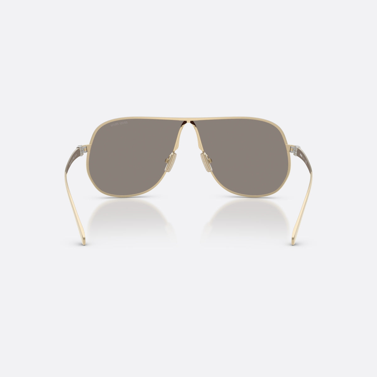 Miu Miu MU A56S ZVN80Q sunglasses, gold pilot frame for women, single metal bridge with arch, brand logo on the lens, back view