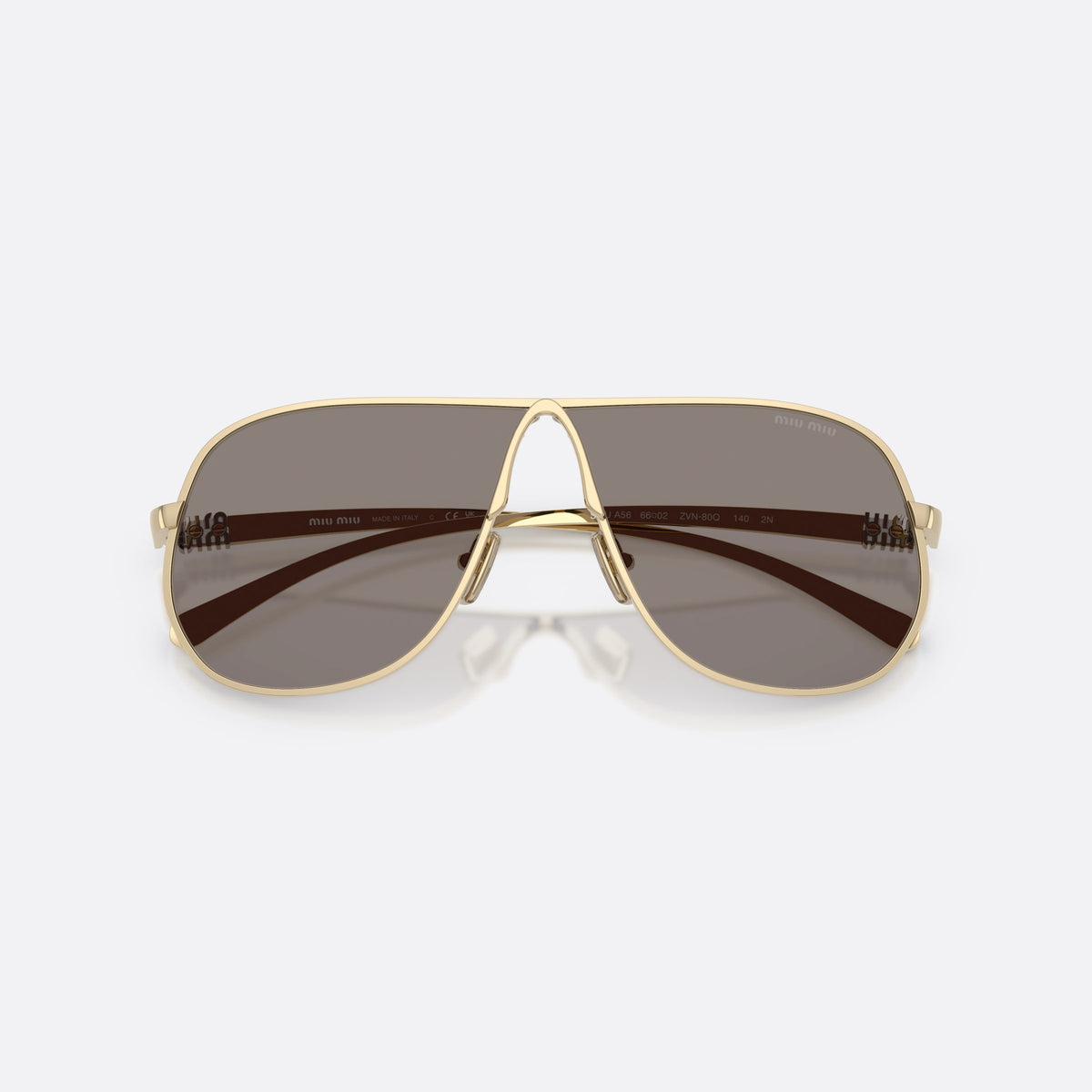 Miu Miu MU A56S ZVN80Q sunglasses, gold pilot frame for women, single metal bridge with arch, brand logo on the lens, folded