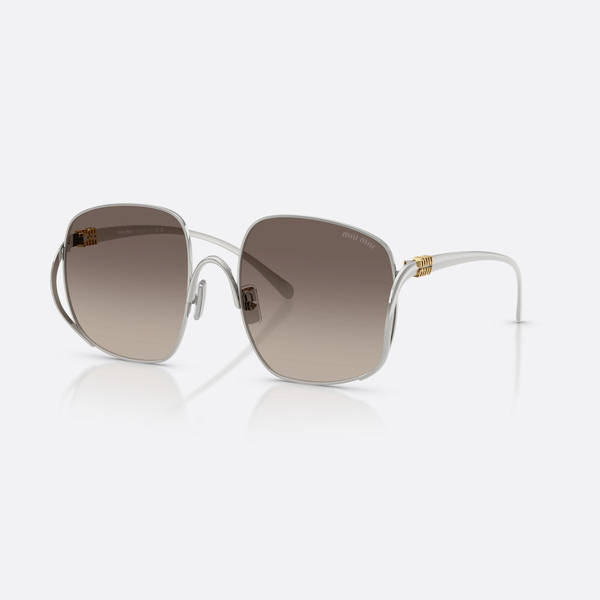 Miu Miu MU A57S 1BC30S sunglasses, silver square frame for women, double bridge with metal arc, brand lettering on temples