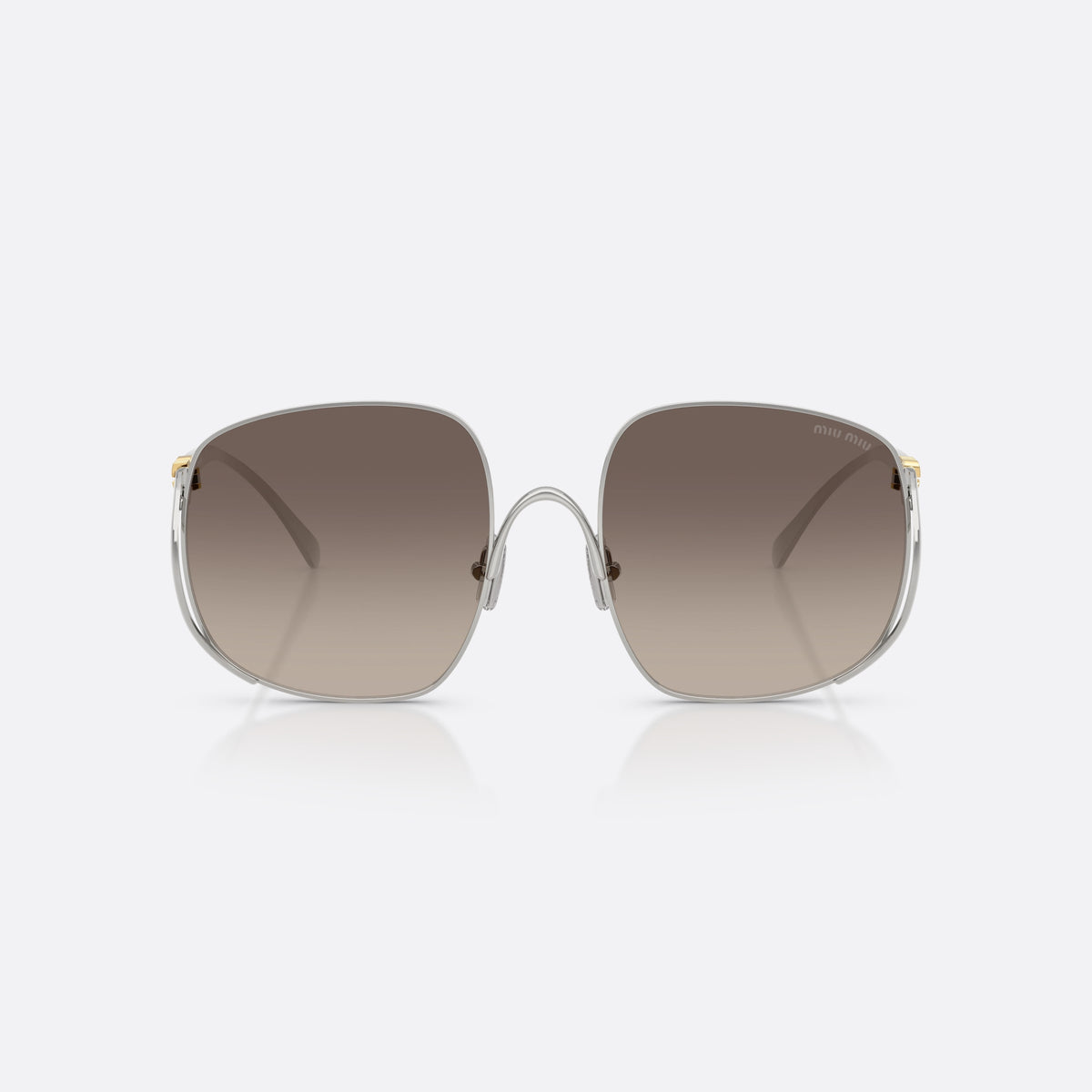 Miu Miu MU A57S 1BC30S sunglasses, silver square frame for women, double bridge with metal arc, brand lettering on temples, front view