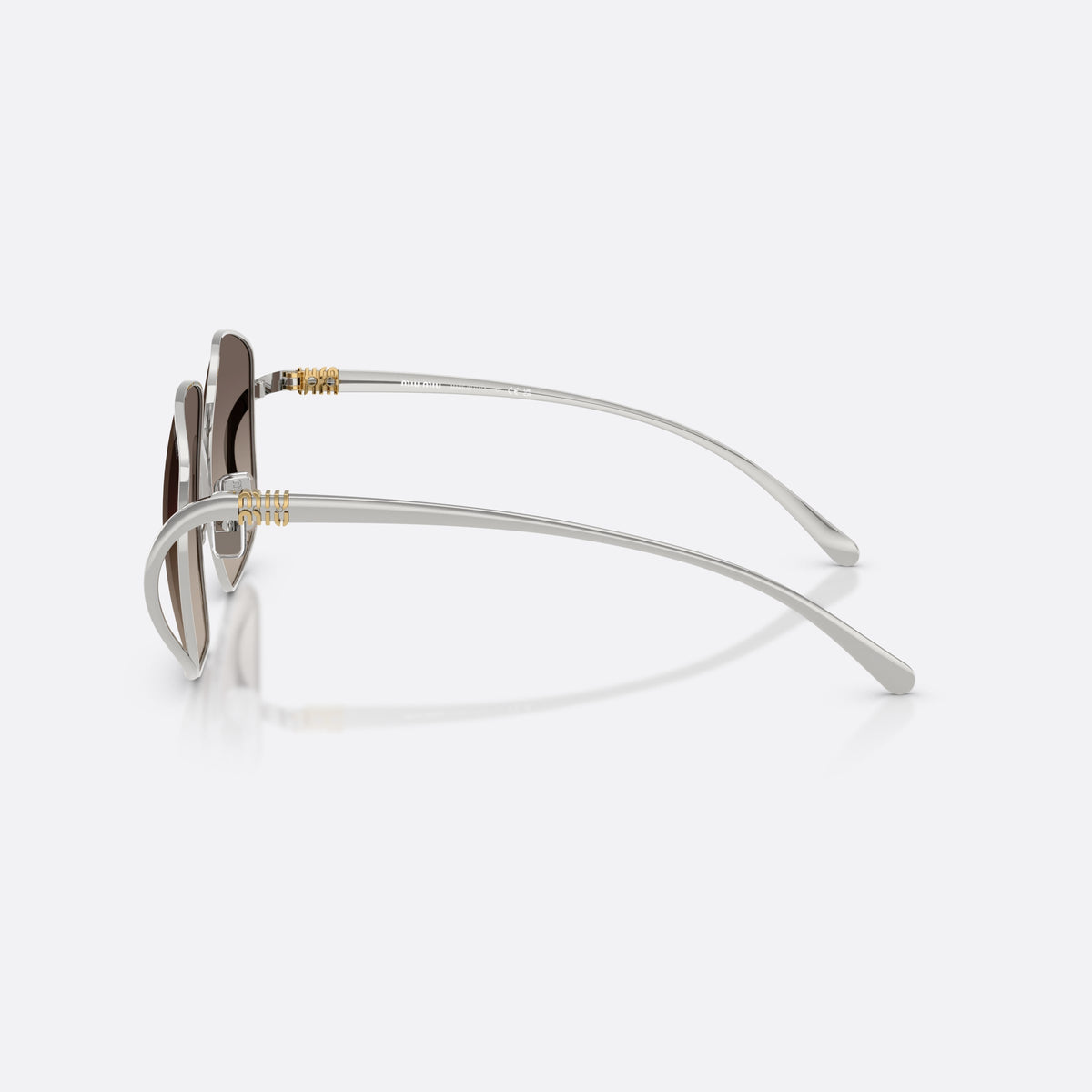 Miu Miu MU A57S 1BC30S sunglasses, silver square frame for women, double bridge with metal arc, brand lettering on temples, side view