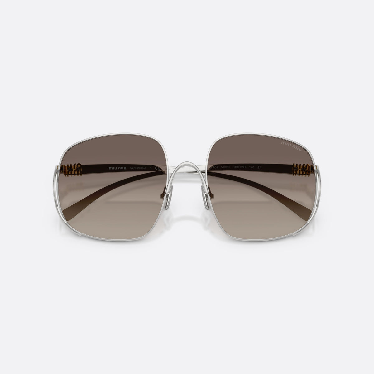 Miu Miu MU A57S 1BC30S sunglasses, silver square frame for women, double bridge with metal arc, brand lettering on temples, folded