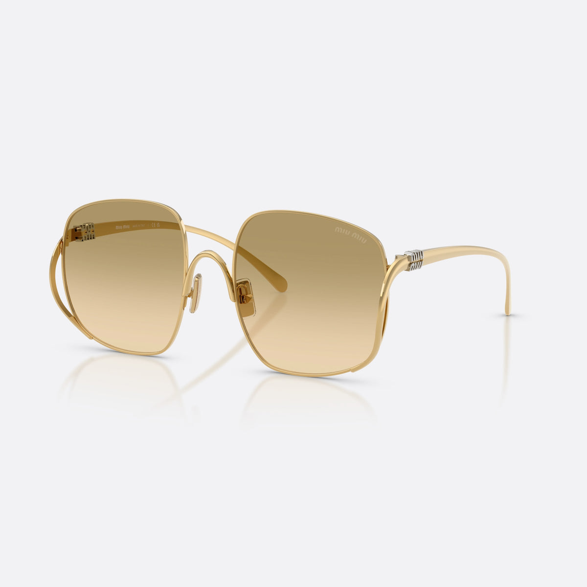 Miu Miu MU A57S 5AK20S sunglasses, gold square frame for women, thin wire bridge with curve, slim tapered temples