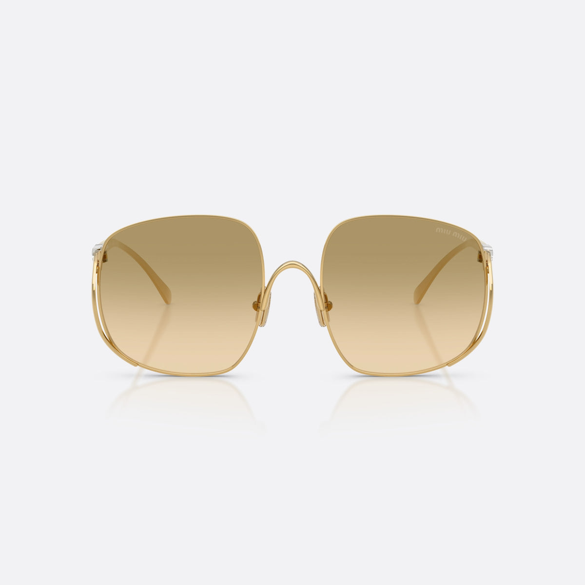 Miu Miu MU A57S 5AK20S sunglasses, gold square frame for women, thin wire bridge with curve, slim tapered temples, front view