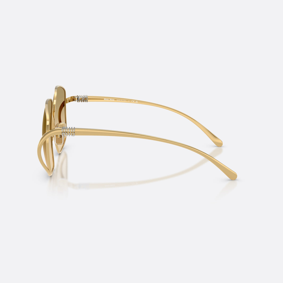Miu Miu MU A57S 5AK20S sunglasses, gold square frame for women, thin wire bridge with curve, slim tapered temples, side view