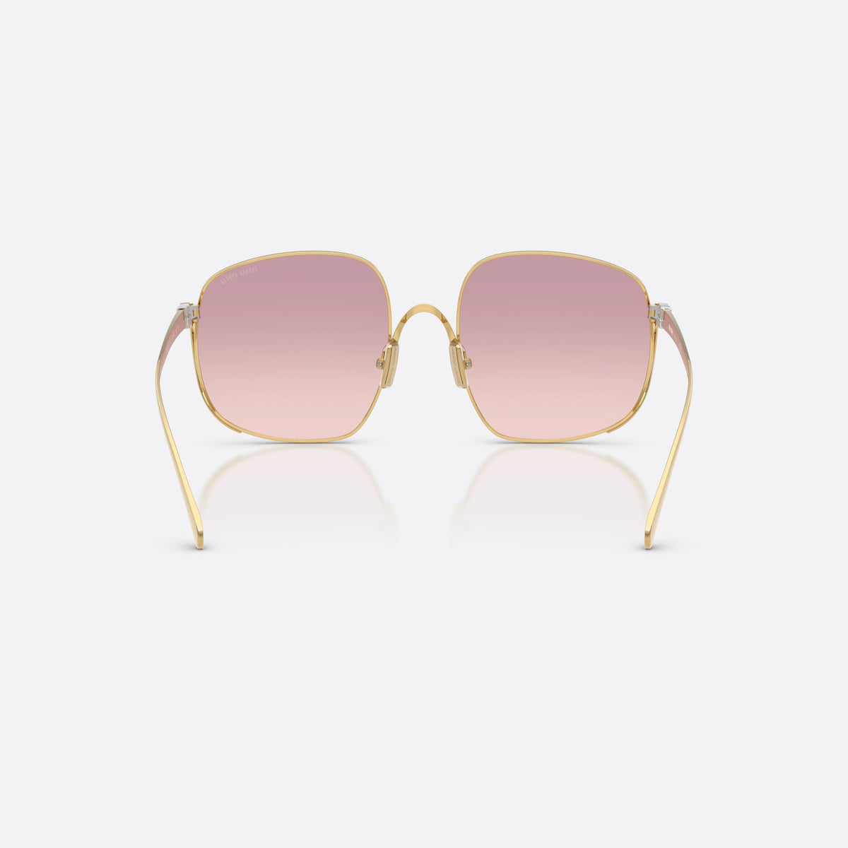 Miu Miu MU A57S 5AK40S sunglasses, gold square frame for women, thin arched metal bridge, brand lettering on the temples, back view