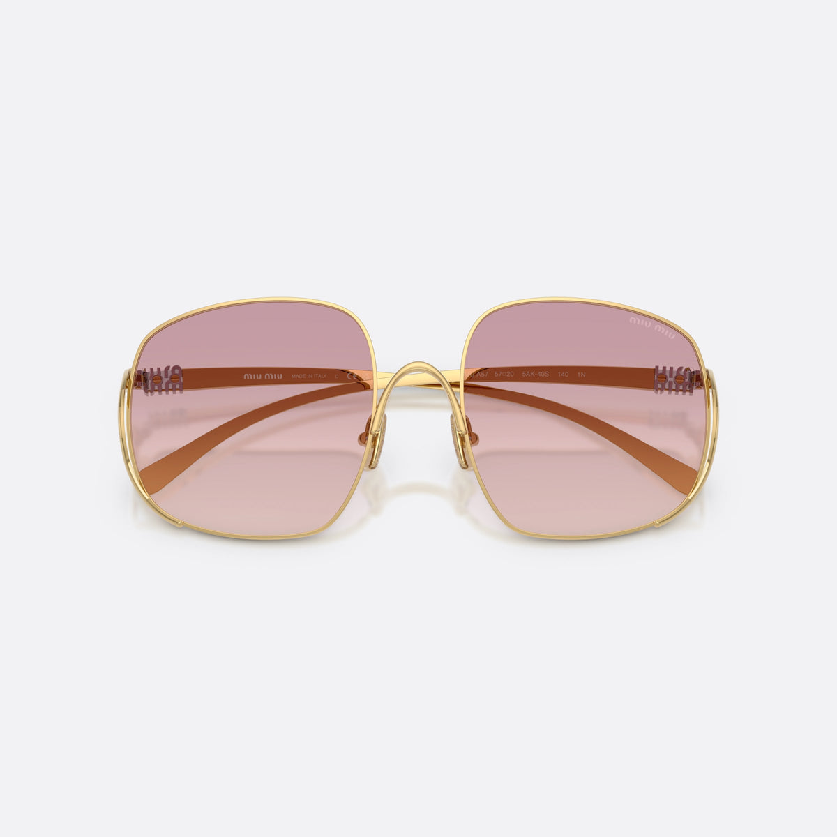 Miu Miu MU A57S 5AK40S sunglasses, gold square frame for women, thin arched metal bridge, brand lettering on the temples, folded