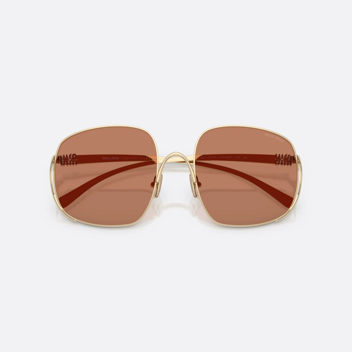 Ochelari de soare Miu Miu MU A57S ZVN90Q, patrati auriu, pentru femei, punte metalică subțire arcuită, literele brandului pe brațe, cu brațele pliate