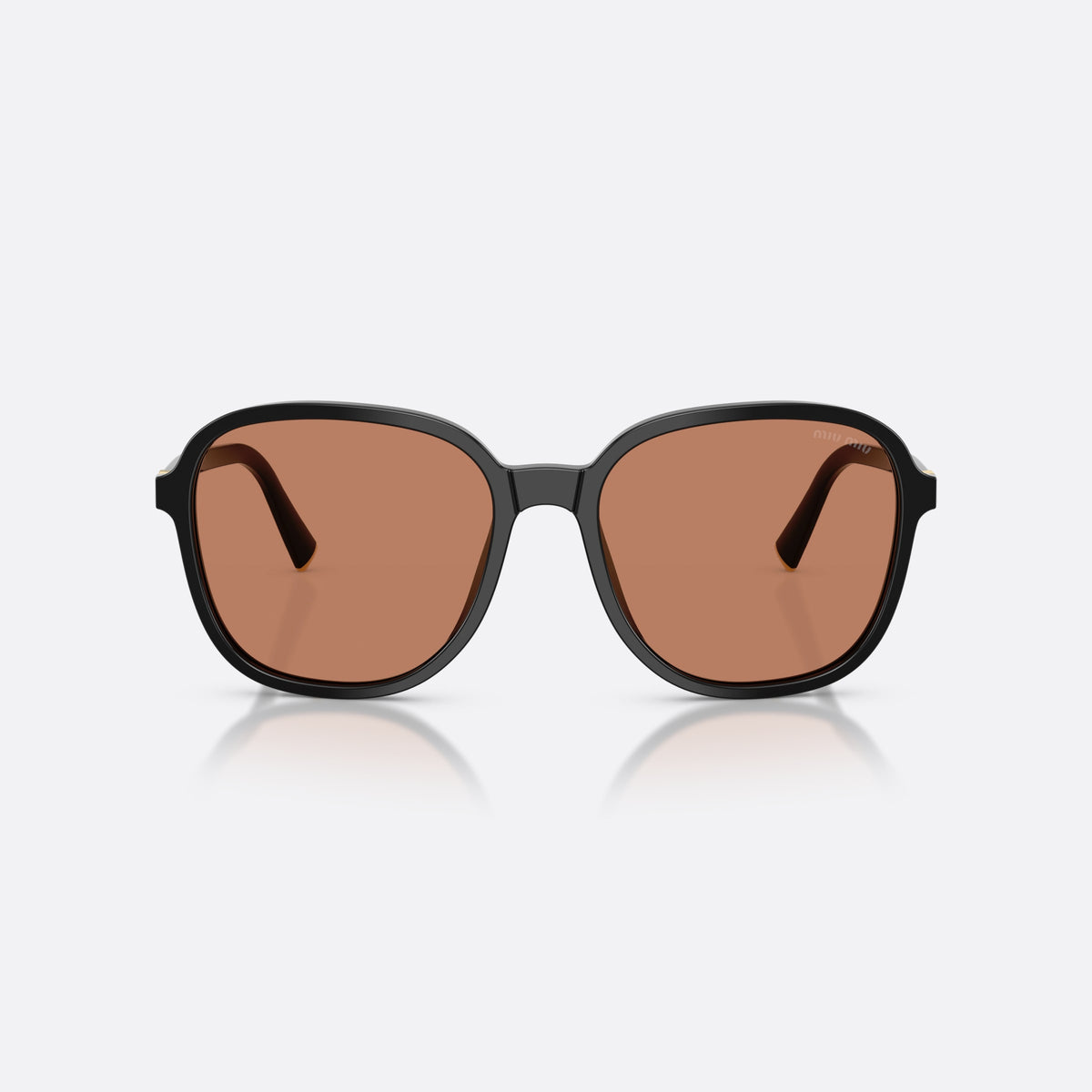 Miu Miu MU B01S 16K90Q sunglasses, black pillow frame for women, plain double bridge, brand lettering on temples, front view
