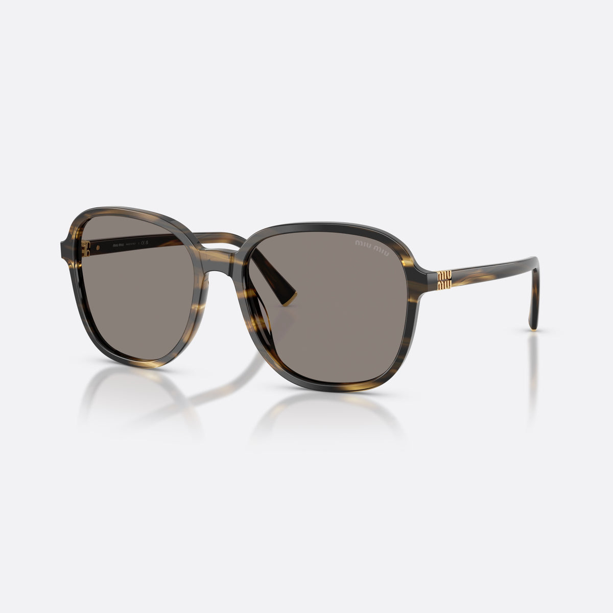 Miu Miu MU B01S 25E80Q sunglasses, green pillow frame for women, plain bridge, brand lettering on temples, full-rim frame