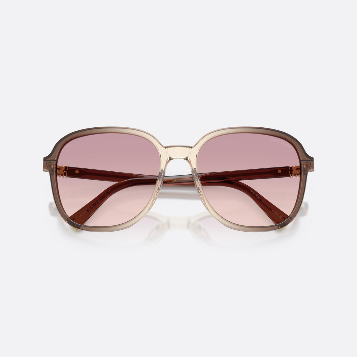 Miu Miu MU B01S 25G40S sunglasses, brown pillow frame for women, plain integrated bridge, brand lettering on temples, folded