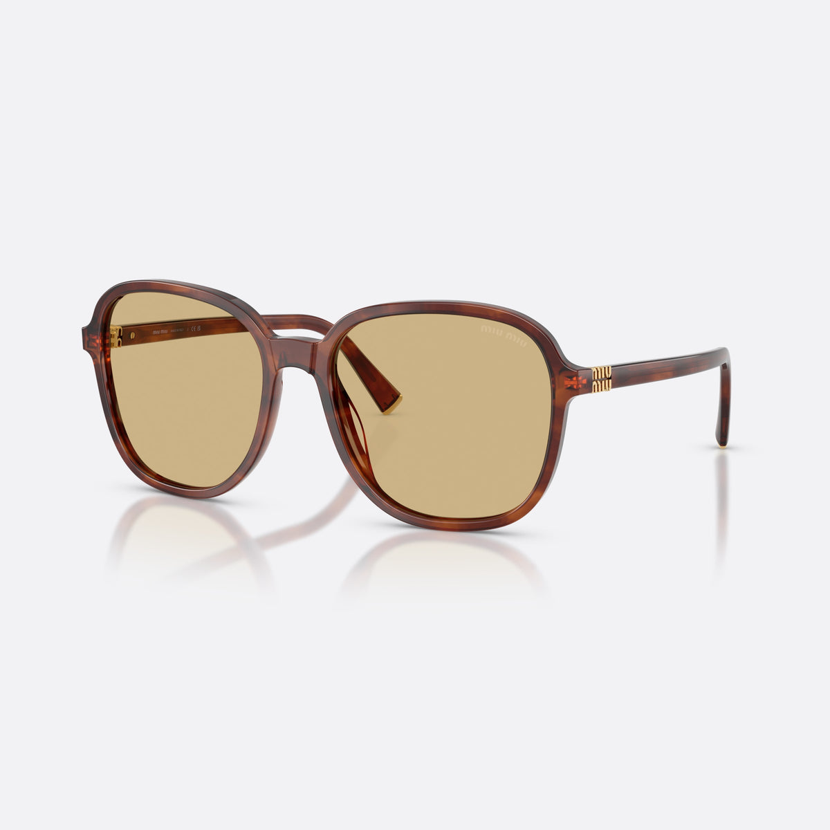 Miu Miu MU B01S 26E10R sunglasses, brown pillow frame for women, plain bridge, brand logo plaque on temple