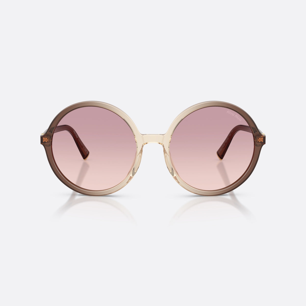 Miu Miu MU B02S 25G40S sunglasses, brown round frame for women, plain bridge, brand lettering on temples, full rim frame, front view