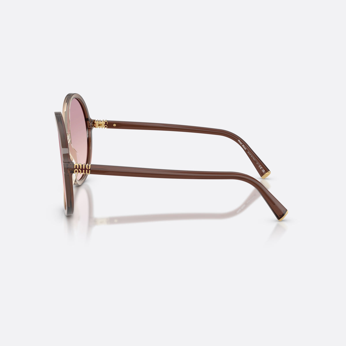 Miu Miu MU B02S 25G40S sunglasses, brown round frame for women, plain bridge, brand lettering on temples, full rim frame, side view