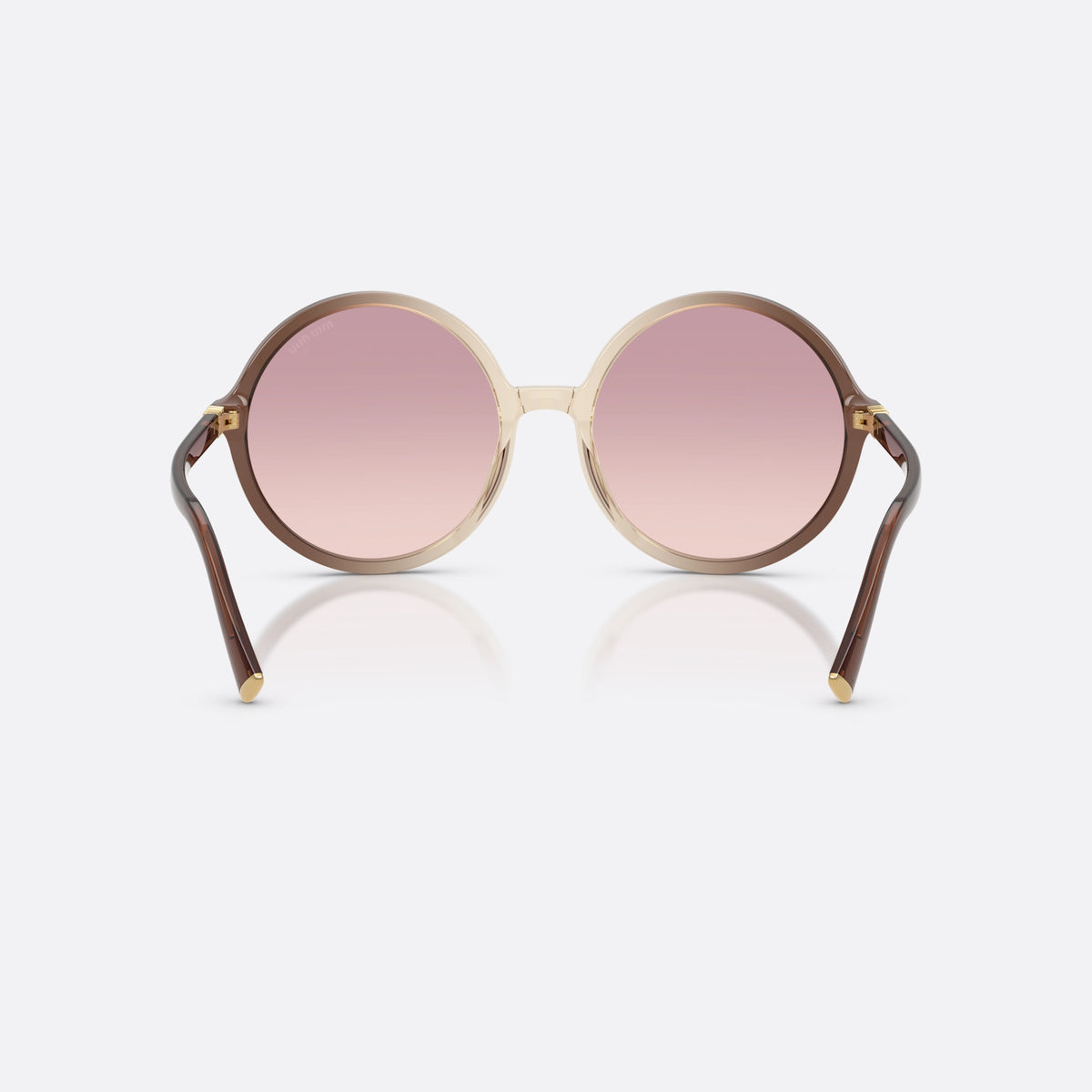 Miu Miu MU B02S 25G40S sunglasses, brown round frame for women, plain bridge, brand lettering on temples, full rim frame, back view