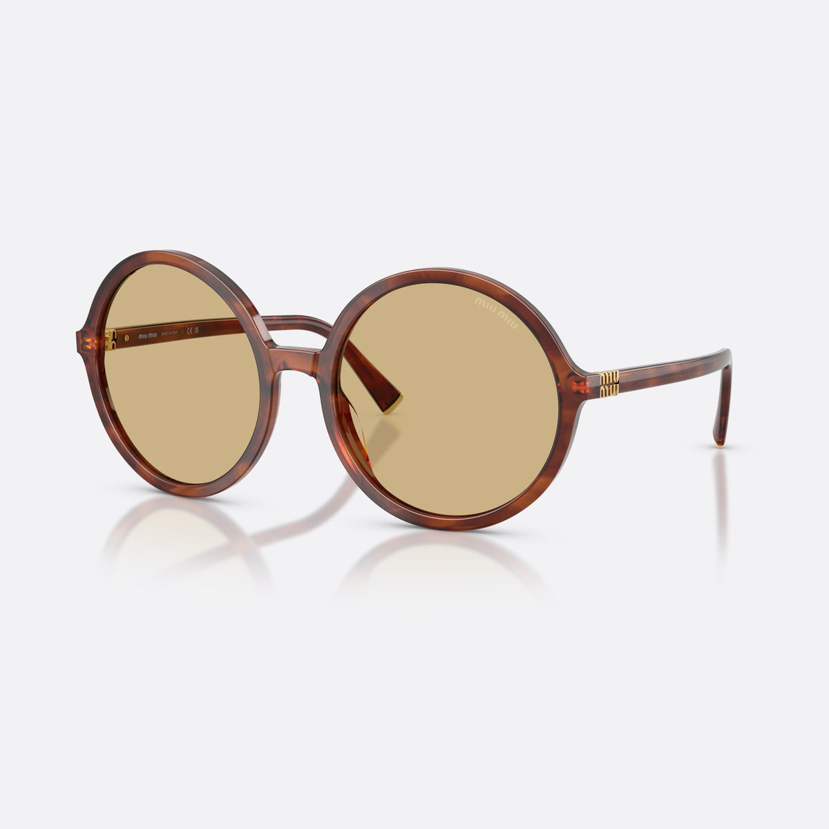 Ochelari de soare Miu Miu MU B02S 26E10R, rotunzi maro, pentru femei, punte simplă, litere ale brandului pe brațe, ramă completă