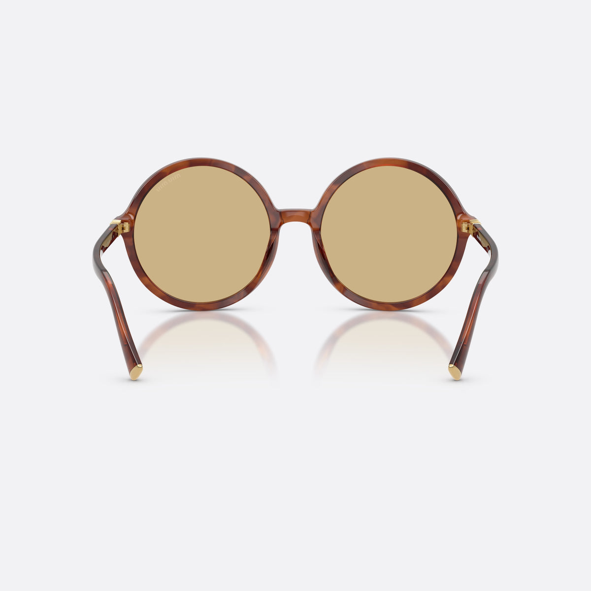 Ochelari de soare Miu Miu MU B02S 26E10R, rotunzi maro, pentru femei, punte simplă, litere ale brandului pe brațe, ramă completă, vedere din spate