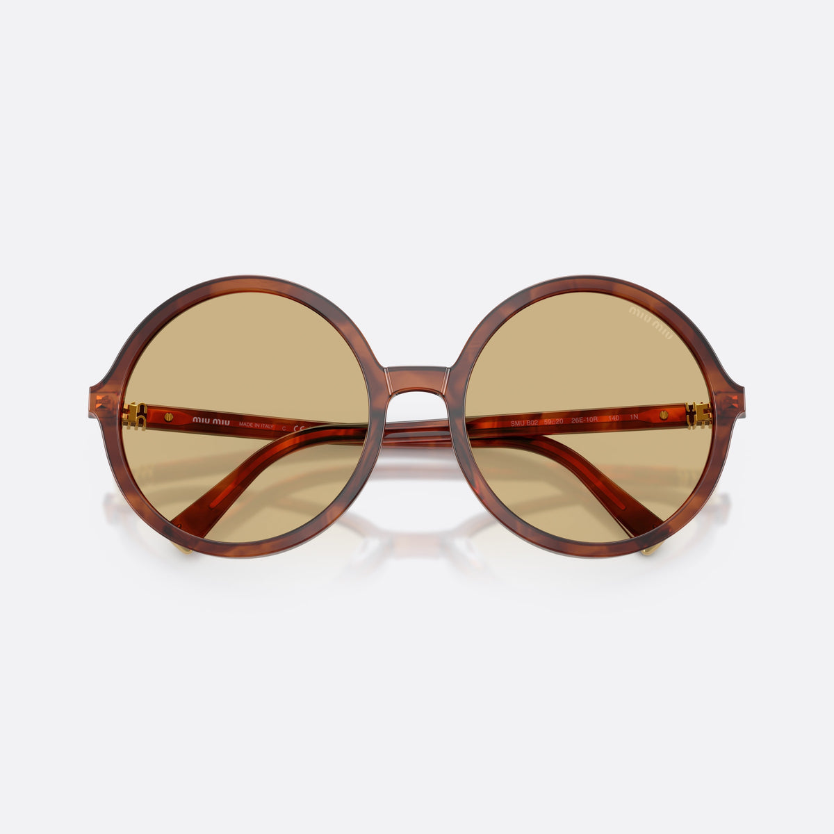 Ochelari de soare Miu Miu MU B02S 26E10R, rotunzi maro, pentru femei, punte simplă, litere ale brandului pe brațe, ramă completă, cu brațele pliate