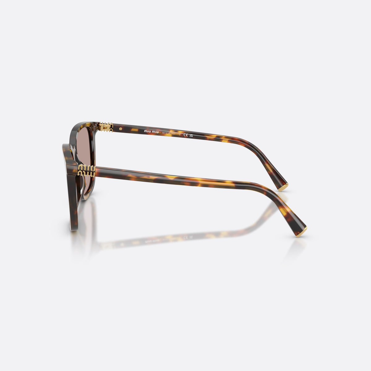 Ochelari de soare Miu Miu MU B03S 14L20I, patrati havana, pentru femei, punte simplă, literele brandului pe braț, ramă completă, vedere laterală