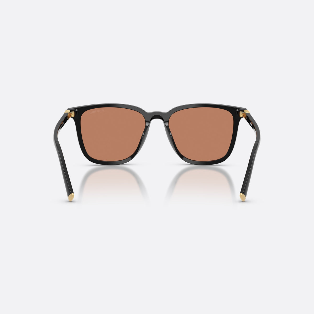 Miu Miu MU B03S 16K90Q sunglasses, black square frame for women, plain bridge, brand lettering on temples, full-rim frame, back view