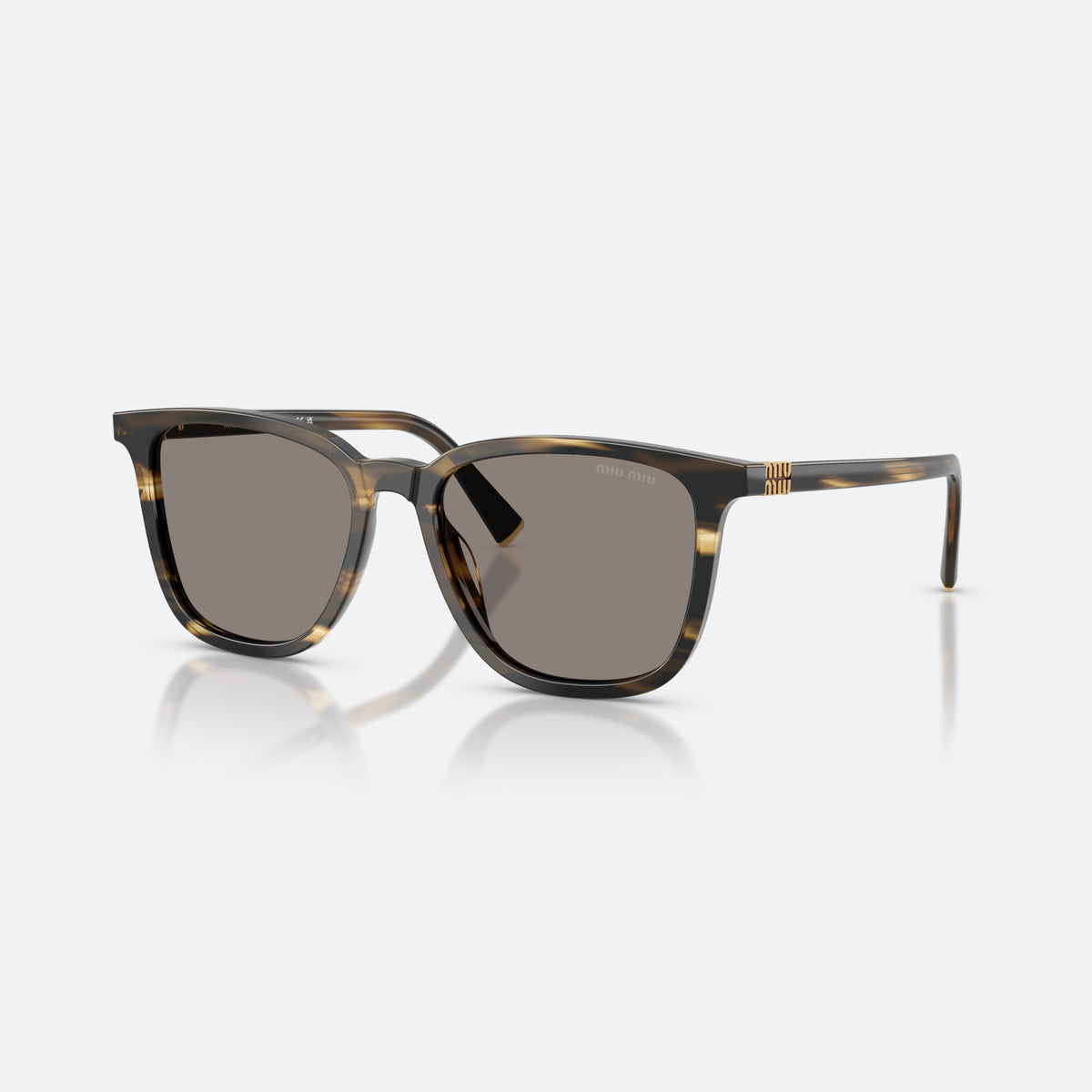 Miu Miu MU B03S 25E80Q sunglasses, green square frame for women, plain bridge, brand lettering on temples, full-rim frame