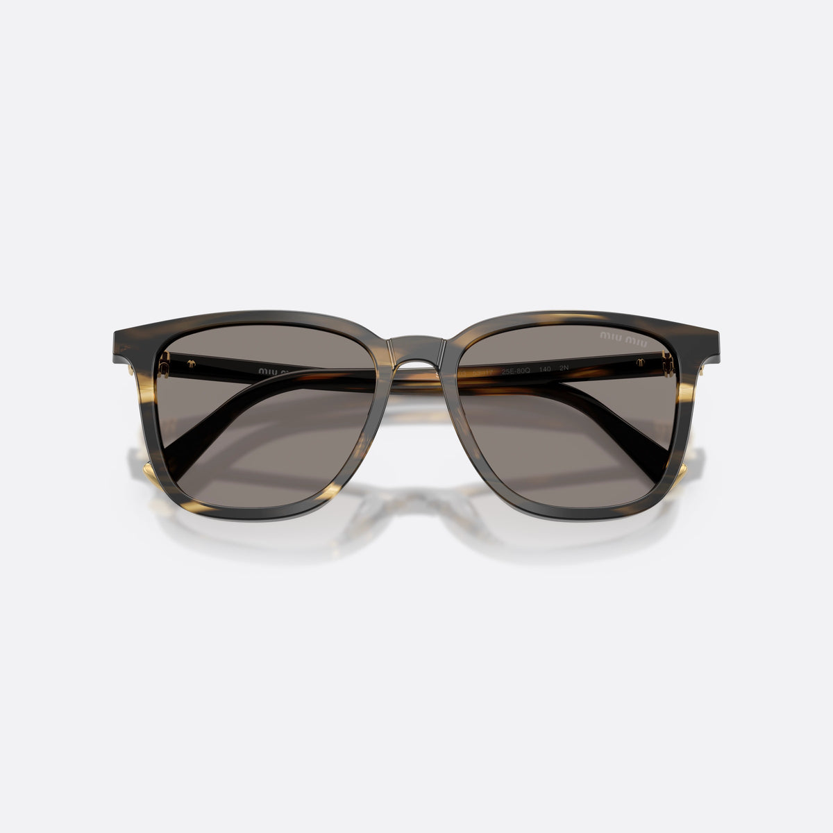Miu Miu MU B03S 25E80Q sunglasses, green square frame for women, plain bridge, brand lettering on temples, full-rim frame, folded