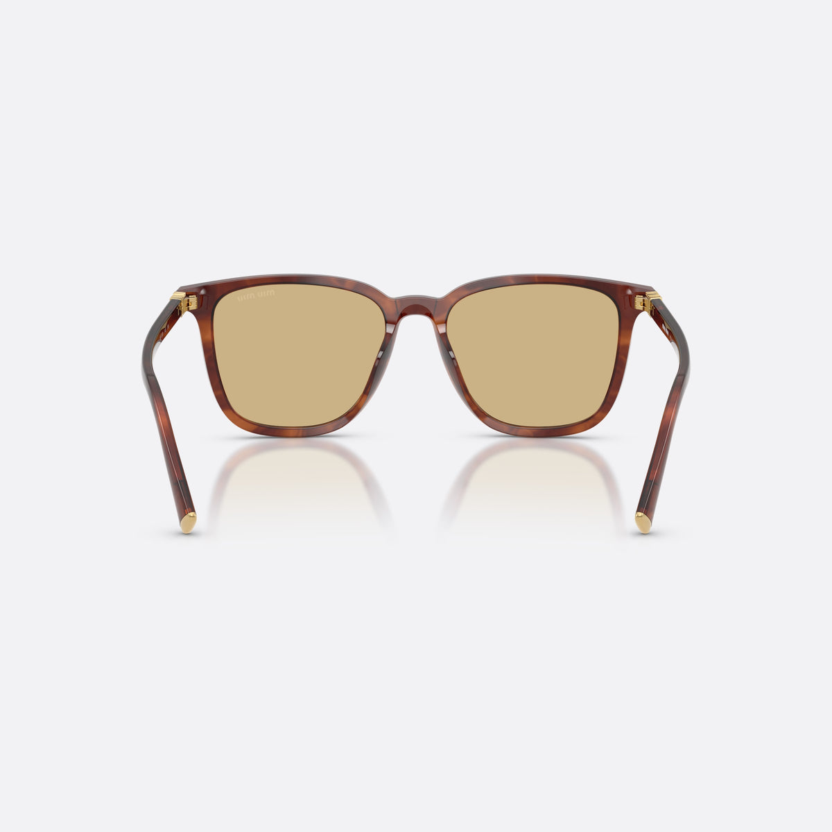 Miu Miu MU B03S 26E10R sunglasses, brown square frame for women, plain acetate bridge, brand lettering on temples, back view