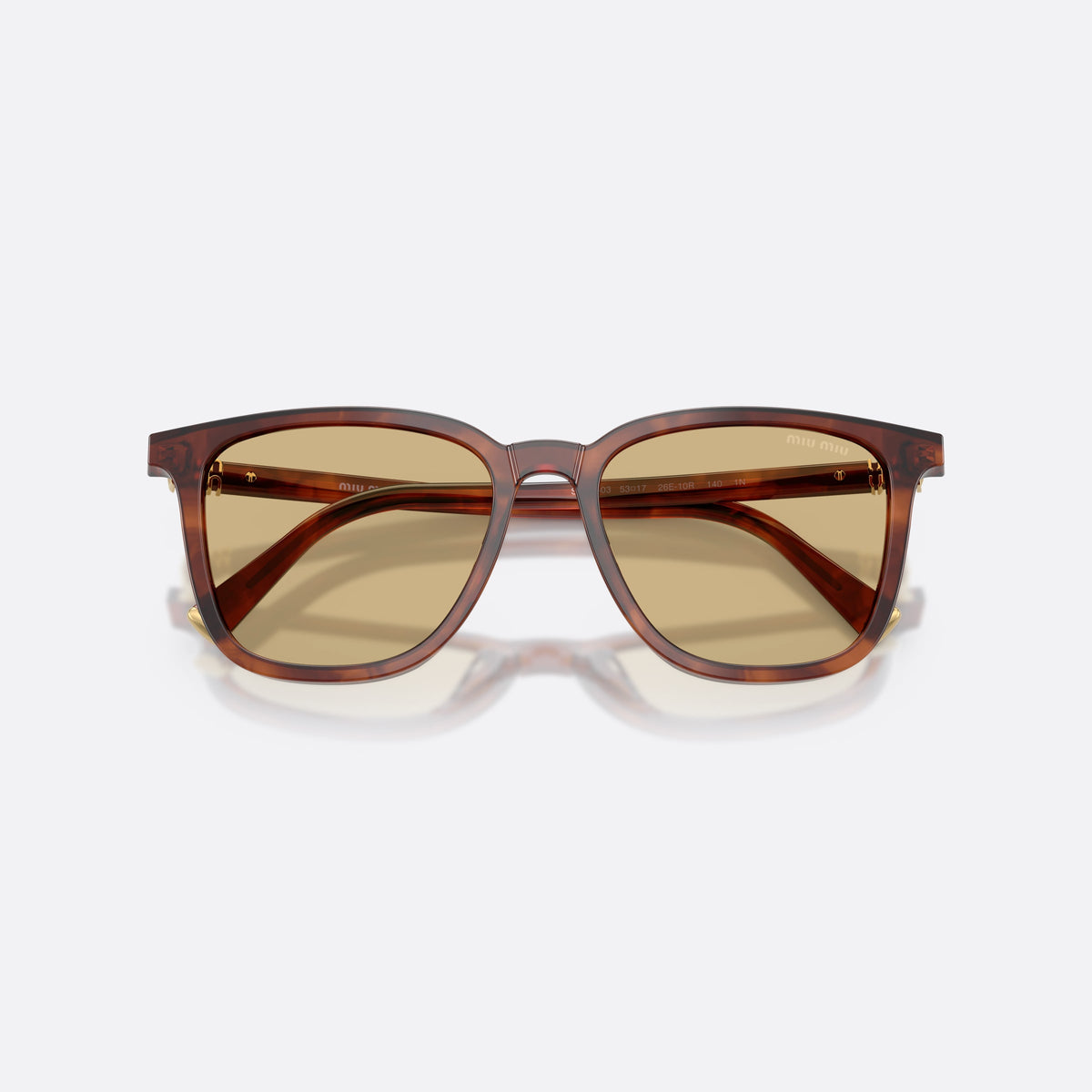 Miu Miu MU B03S 26E10R sunglasses, brown square frame for women, plain acetate bridge, brand lettering on temples, folded