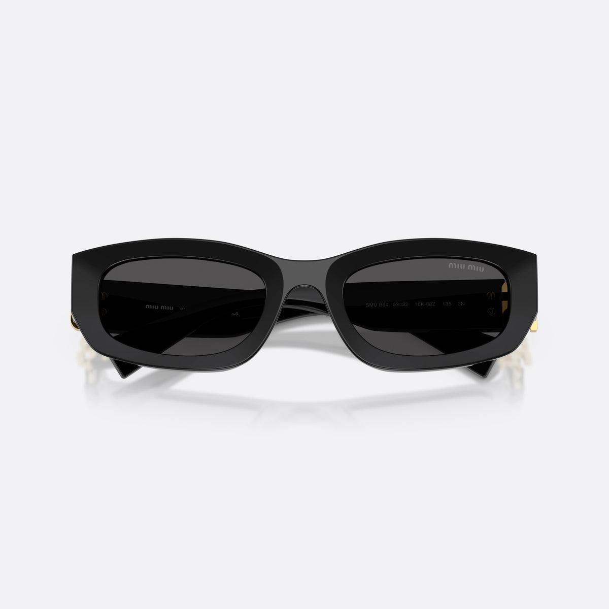 Miu Miu MU B04S 16K08Z sunglasses, black irregular frame for women, plain integrated bridge, brand lettering on temples, folded